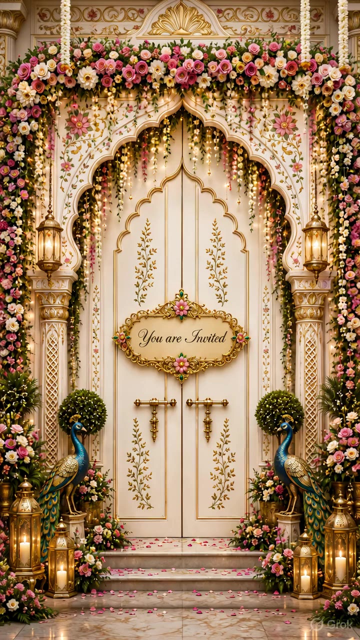 Decorated wedding doors with a You are Invited plaque, lanterns and hanging florals